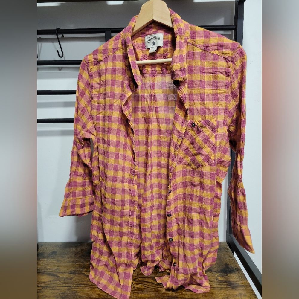 Converse Plaid 3/4 Sleeve Button Up Shirt